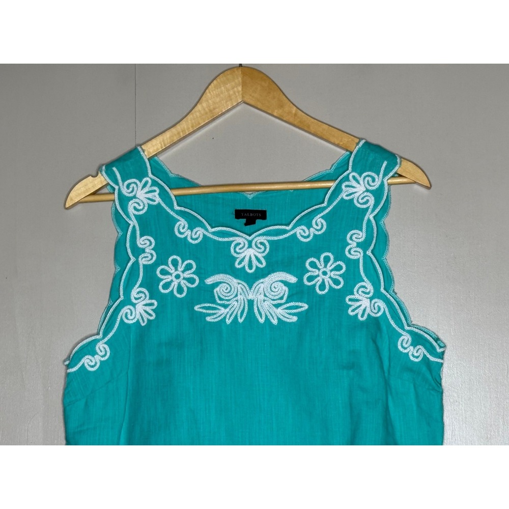 Talbots Turquoise Linen Blend Embroidered Scallop Shell Top Teal Womens Small - Picture 3 of 7